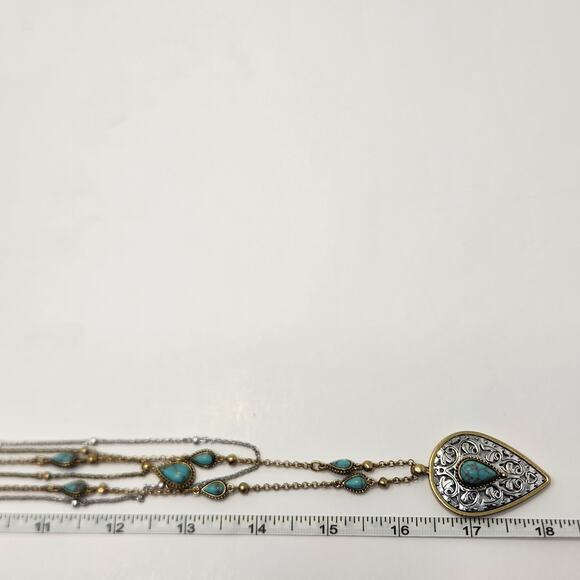 Lucky Brand Two Tone Layered Chain Necklace Faux Turquoise Teardrop Pendant - Picture 6 of 7